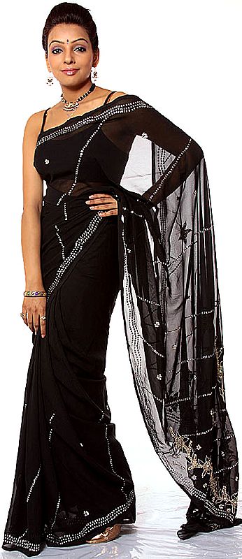 Black Sari with Sequins and Beadwork