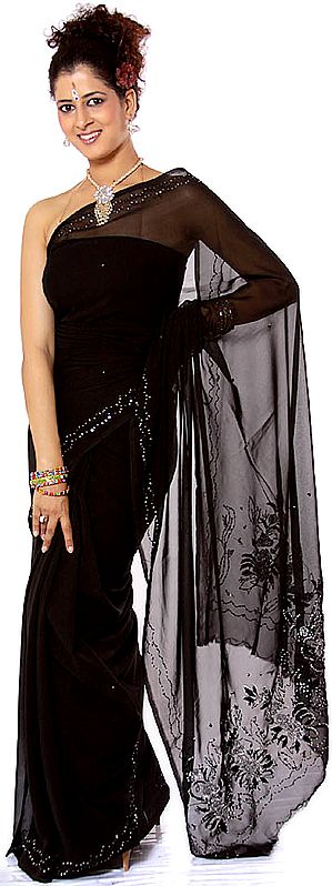 Black Sari with Sequins and Beadwork