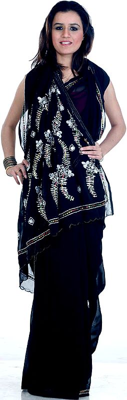 Black Sari with Sequins and Large Beads