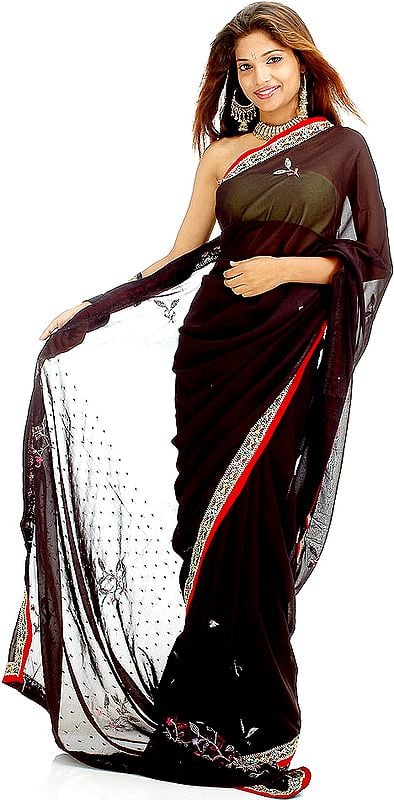 Black Sari with Sequins and Threadwork