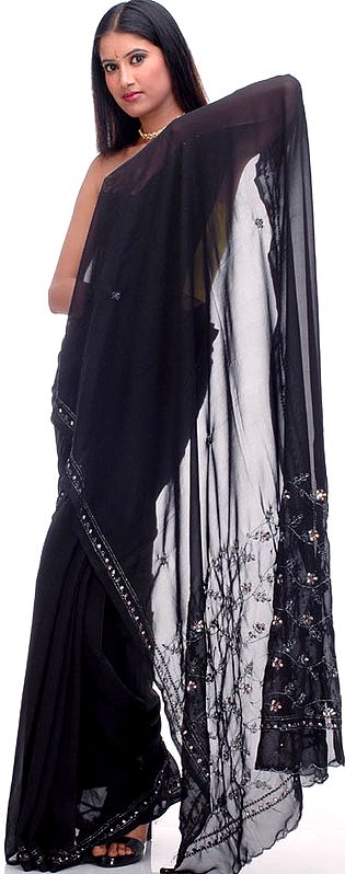 Black Sari with Stones and Beadwork