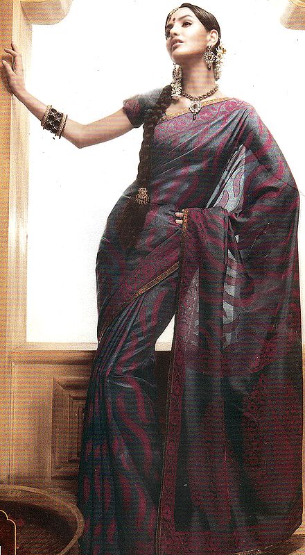 Black Shabana Sari with All-Over Woven Flowers and Patch Border