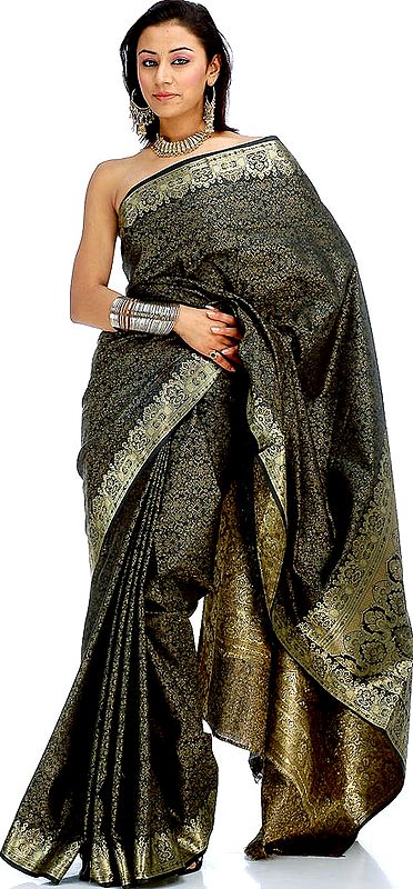 Black Tanchoi Sari from Banaras with Golden Thread Weave
