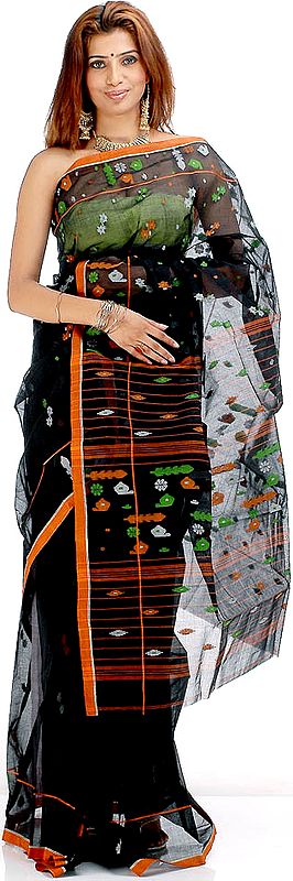Black Tengail Sari with Green and Orange Bootis