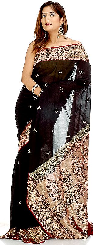 Black Valkalam Sari with Sequins and Golden Thread Weave