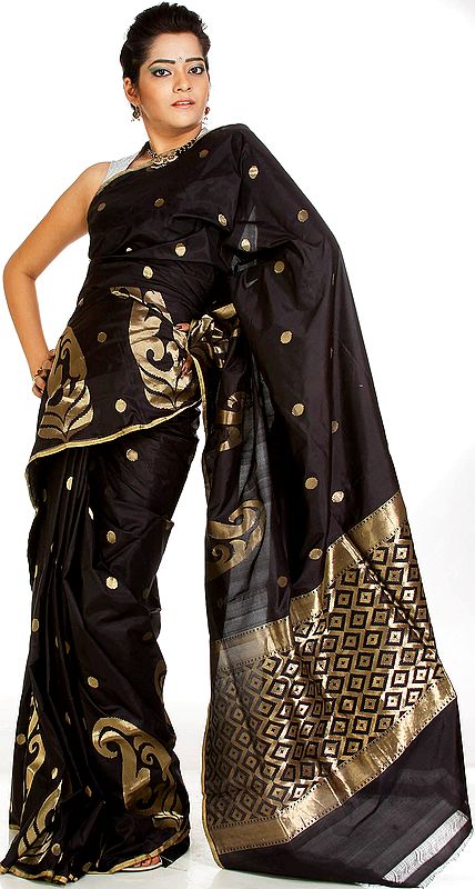 Black Wedding Sari from Banaras with Large Woven Paisleys