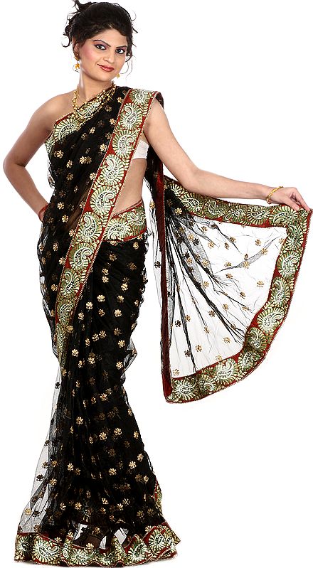 Black Wedding Sari with Golden Thread Embroidered Bootis and Paisley Patch Border