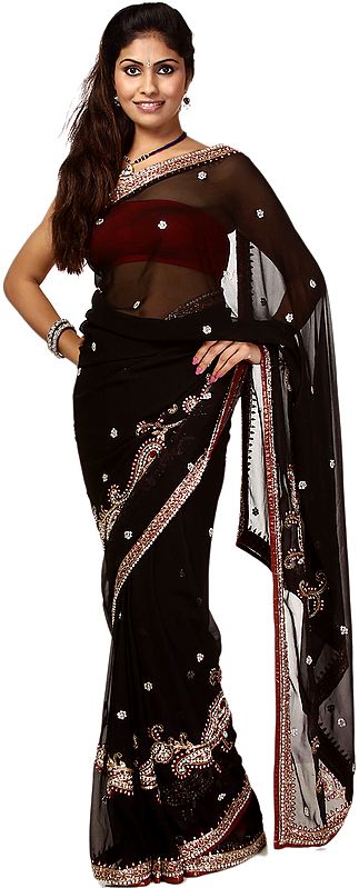 Black Wedding Sari with Metallic Thread Embroiderd Paisleys and Kundan Beads