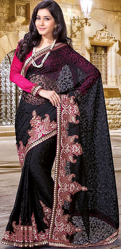 Black Wedding Sari with Self Weave and Embroidered Applique Border
