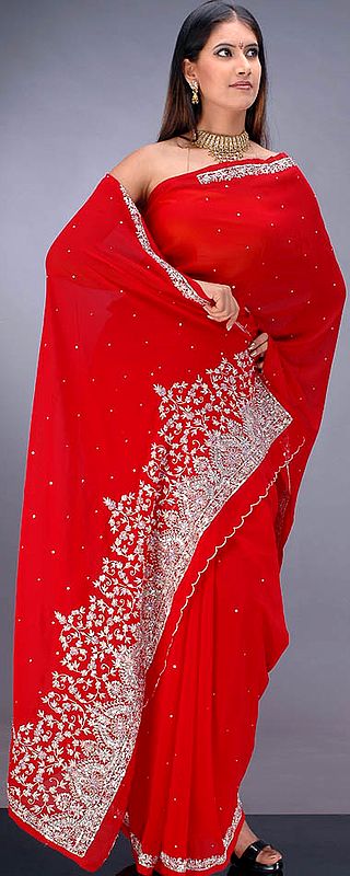 Blood Red Bridal Sari with Embroidery and Sequins