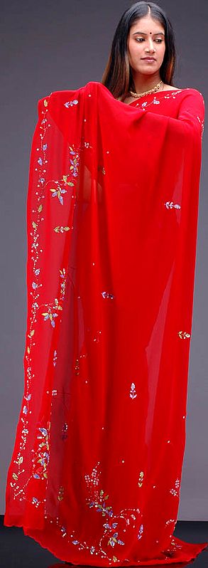 Blood Red Sari with Thread-Work and Sequins