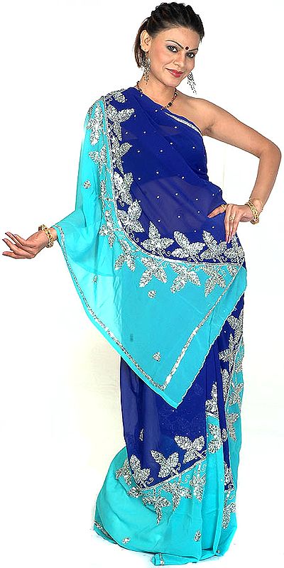 Blue and Aqua Mumtaz Sari with All-Over Sequins