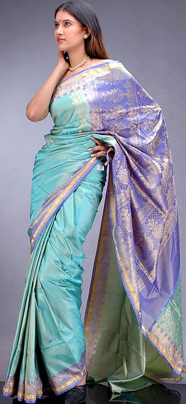 Blue and Aquamarine Valkalam Banarasi Sari with Golden Zari