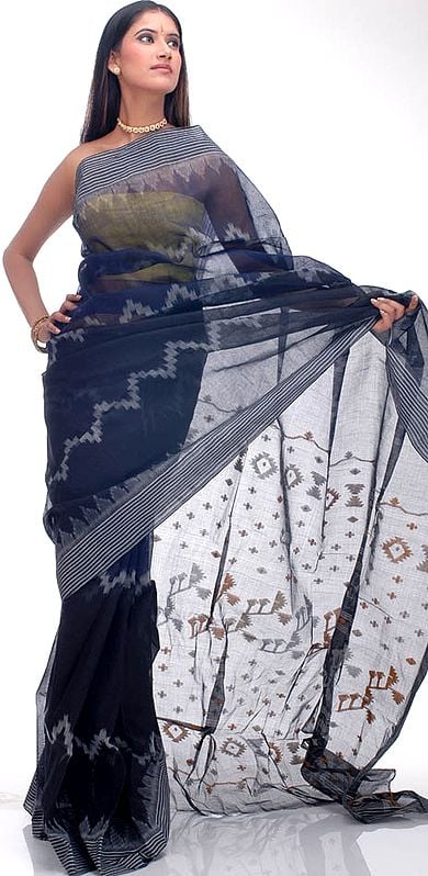 Blue and Black Dhakai Sari from Bengal