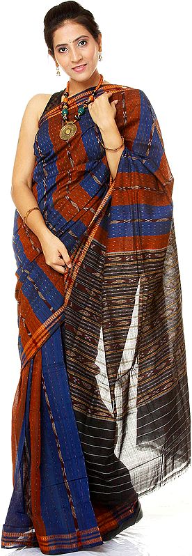 Blue and Brown Ikat Sari from Orissa