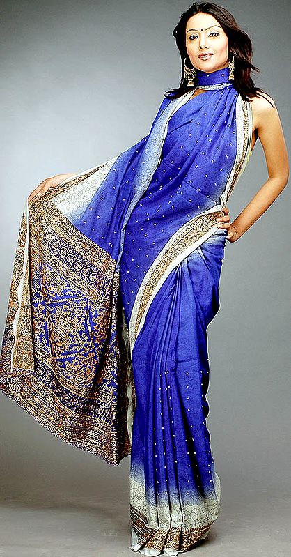 Blue and Gray Printed Sari with Threadwork and Sequins on Border and Pallu