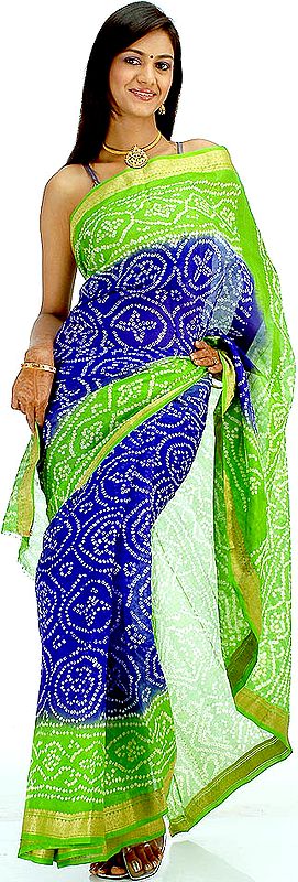 Blue and Green Bandhani Sari from Gujarat