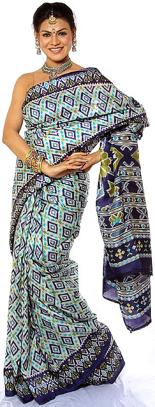 Blue and Green Block-Printed Sari from Kolkata