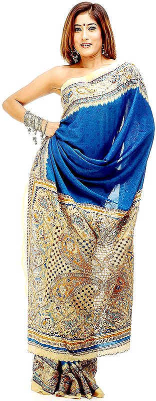 Blue and Ivory Printed Sari with Beads and Threadwork