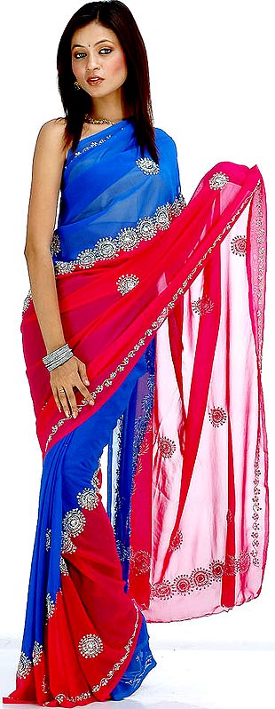 Blue and Magenta Mumtaz Sari with Sequins