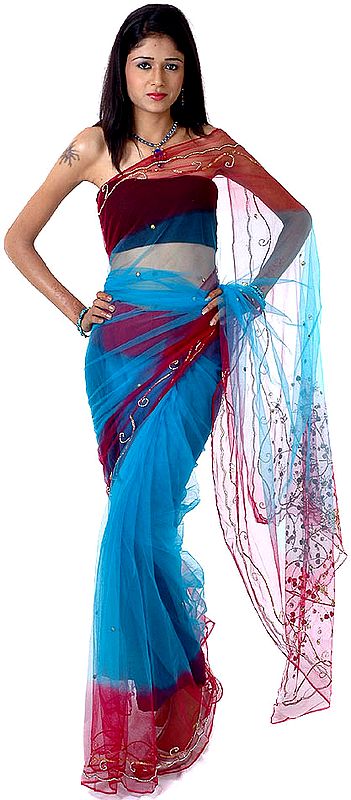 Blue and Magenta See-Through Sari with Beads and Sequins