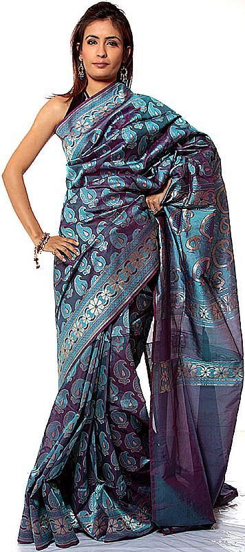 Blue and Purple Jamawar Sari from Banaras with All-Over Paisleys Woven by Hand