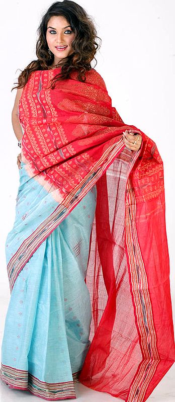 Blue and Red Handwoven Ikat Sari
