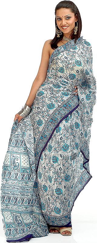 Blue and White Block Printed Sari from Bengal