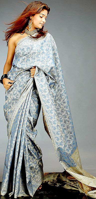 Blue Banarasi Sari with All-Over Thread Weave