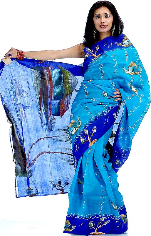 Blue Floral Sari from Kolkata with Painted Houses