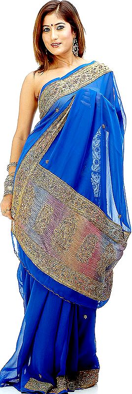 Blue Georgette Sari with Beads and Threadwork