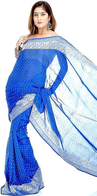 Blue Handwoven Banarasi Sari with All-Over Silver Bootis
