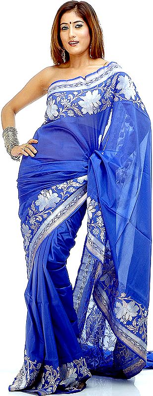 Blue Hand-Woven Banarasi Sari with Floral Silver Thread Weave