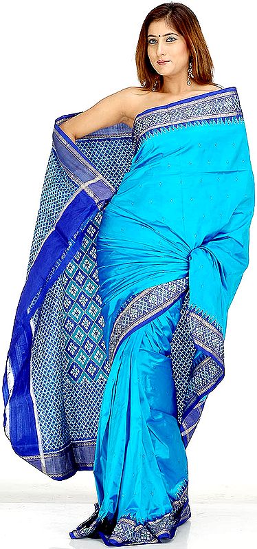 Blue Ikat Sari with Temple Border, Hand-woven in Pochampally Village