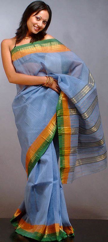 Blue Narayanpet Sari with Fine Checks