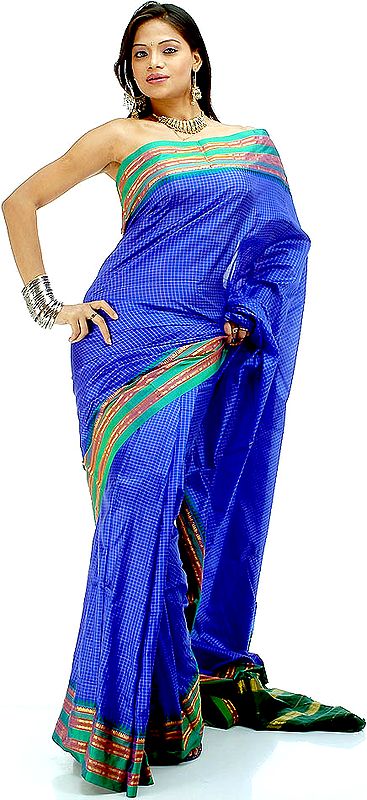 Blue Narayanpet Sari with Fine Checks