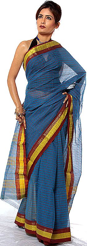 Blue Narayanpet Sari with Stripes