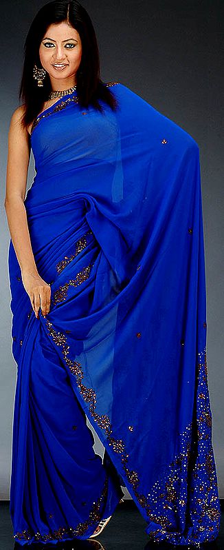 Blue Sari with Sequins and Beads