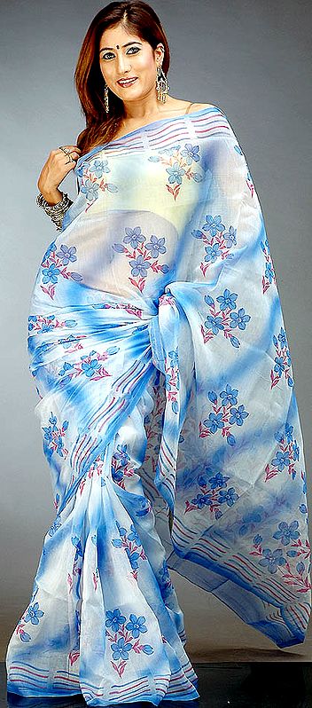 Blue Shaded Kota Doria Sari with Floral Print