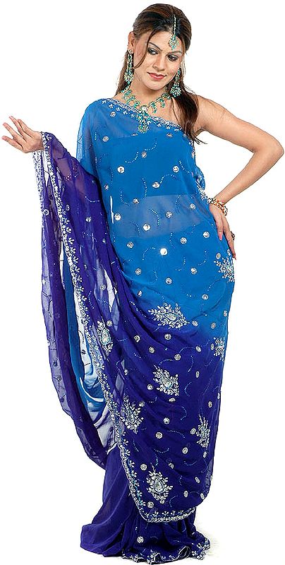 Blue Shaded Sari with Beadwork and Sequins