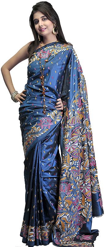 Blue-Coral Hand-Embroidered Kantha Sari from Bengal