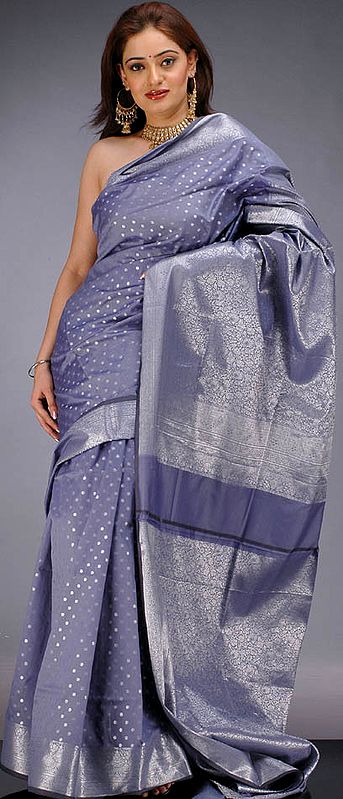 Blue-Gray Banarasi Sari with All-Over Bootis