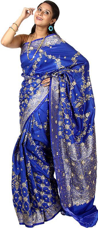 Blue-Iris Banarasi Satin Sari with Woven Paisleys and Hand-Embroidered Beads and Sequins