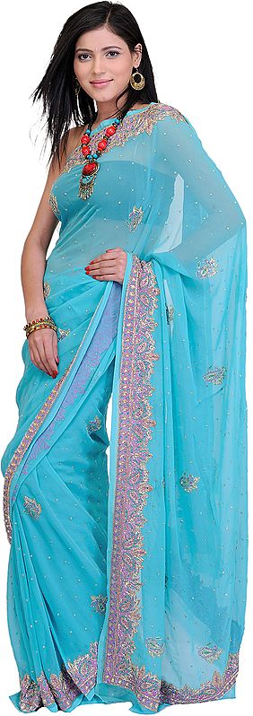 Blue-Lagoon Wedding Sari with Embroidered Stones and Crystal
