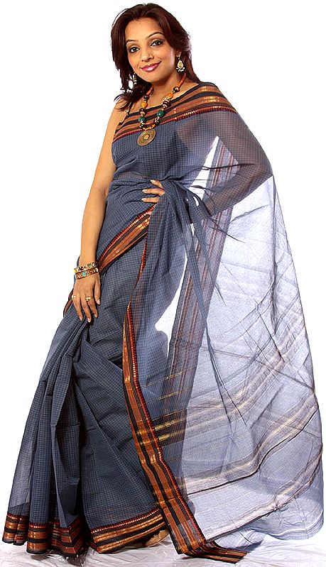 Bluish-Gray Narayanpet Sari with Fine Checks