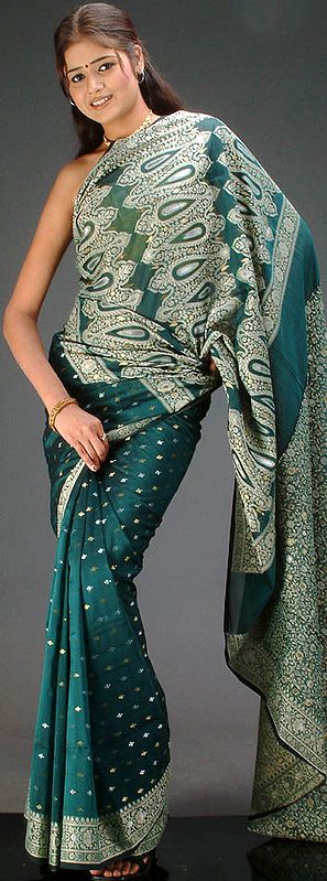 Bottle Green Georgette Sari with All-Over Bootis