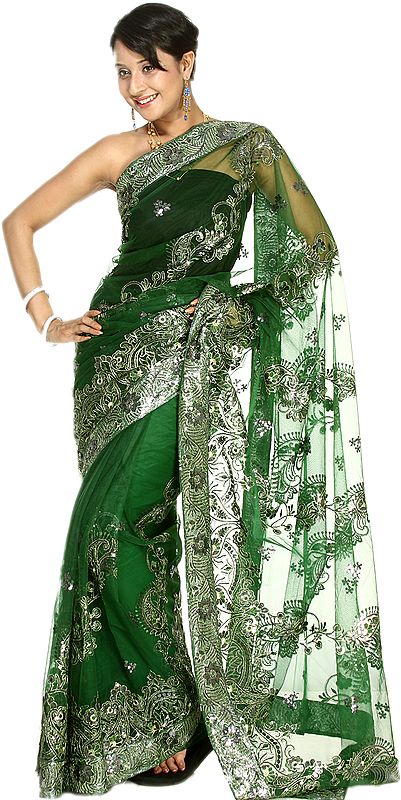 Bottle-Green Sari with Embroidered Silver-Colored Sequins All-Over