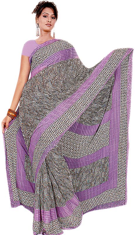 Bougainvillea Sari with Printed Floral Leaves All-Over and Sequins