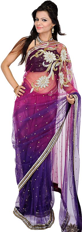 Bridal Boysenberry Sari with Embroidered Beads