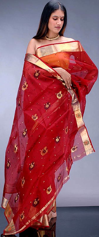Bridal Chanderi Sari with Bootis and Golden Thread Work